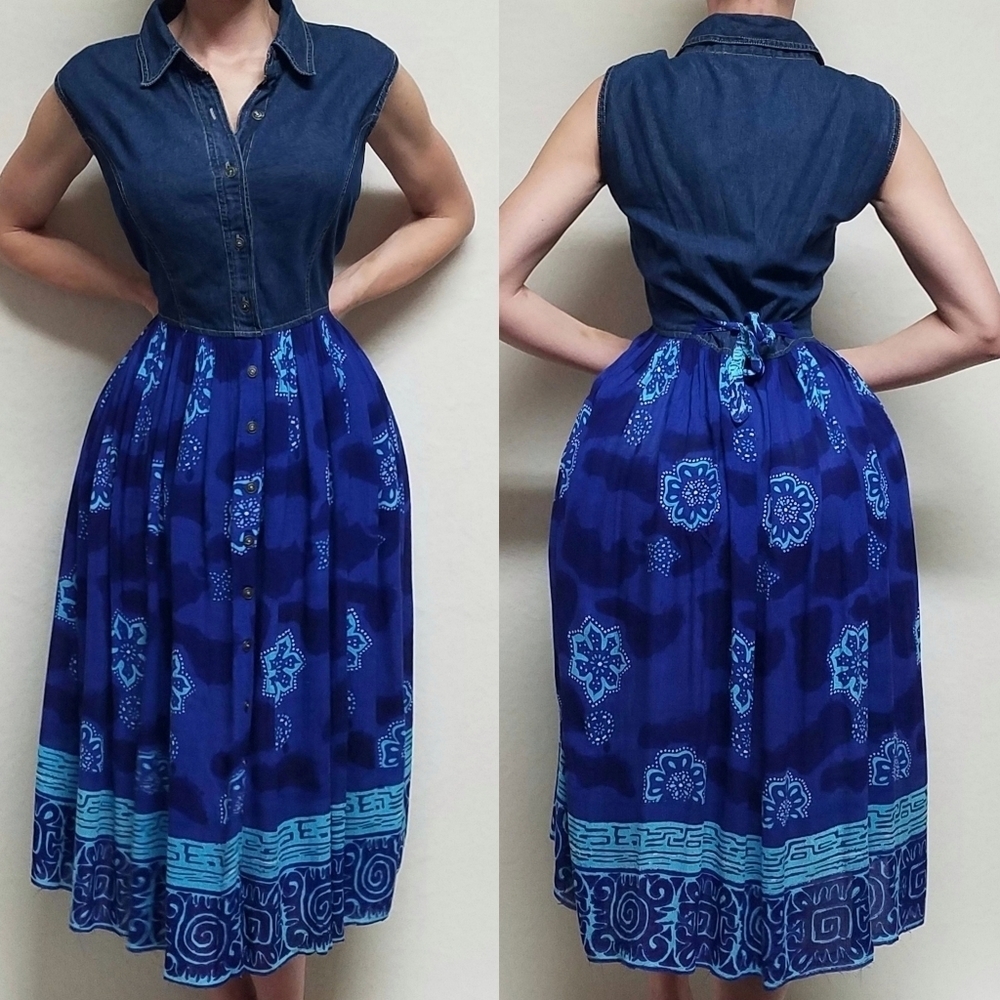 90s Vintage M.P.H. Mixed Media Chambray Blue Tropical Print Raw Cut Midi Dress
